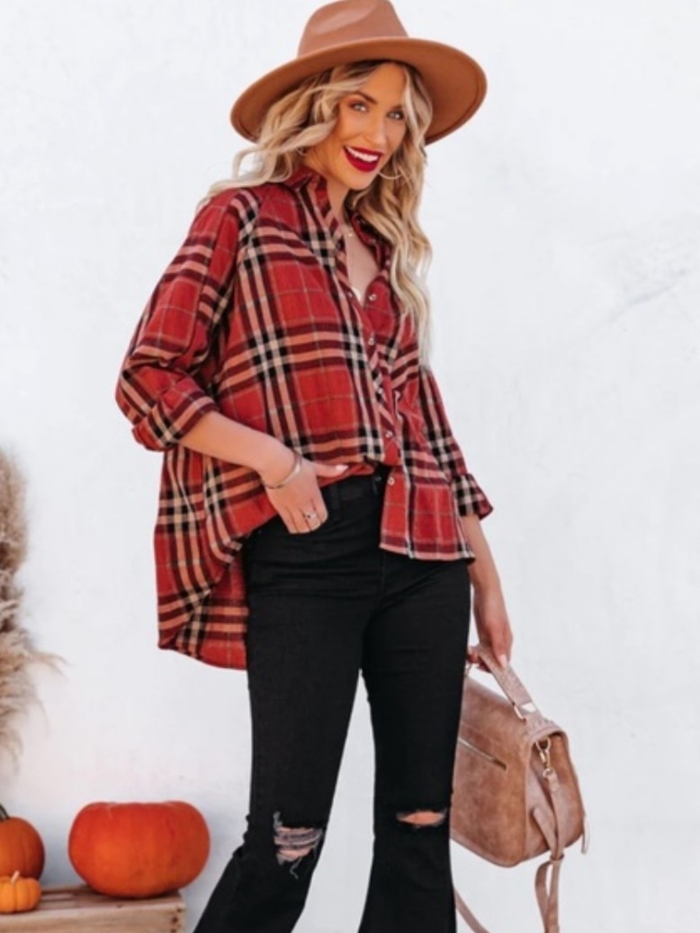 NWT Flawless Oversized Plaid  1XL Rust Red Cotton Linen Plaid Shacket High Low
